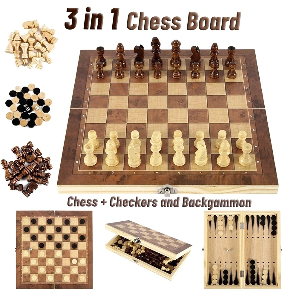 Magnetic Travel Chess - 3 in 1 Wooden Checkers Backgammon